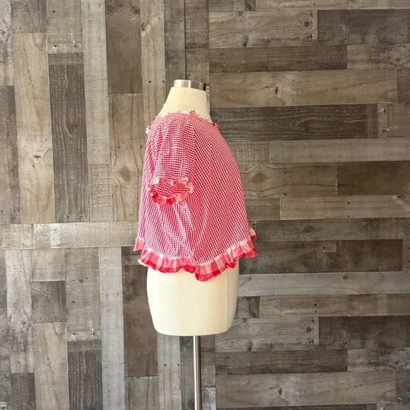 Handmade red gingham plaid ruffle trim top large festival boho garden party - Picture 8 of 10